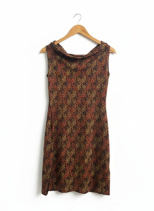 LUNA CHIX|S|BUST 14| BROWN PATTERNED COWL NECK SLEEVELESS DRESS