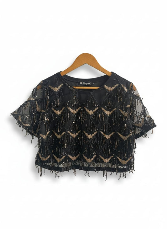 ALLEGRA|L|BUST 20| BLACK AND GOLD SEQUIN FRINGE CROP TOP