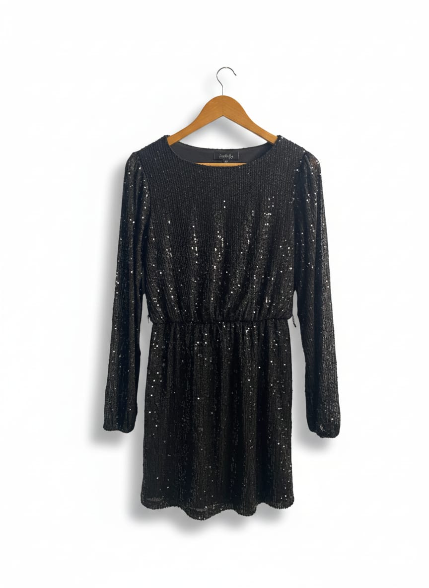 CRYSTAL SKY|M|BUST 17|BLACK SEQUIN LONG SLEEVE DRESS