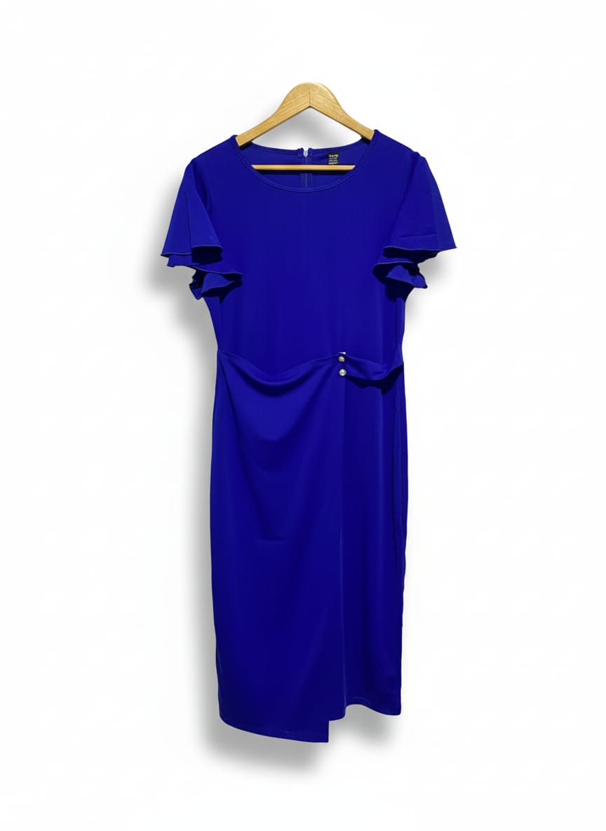 SHEIN |L/XL|BUST 17|ROYAL BLUE RUFFLE-SLEEVE RUCHED SHEATH DRESS