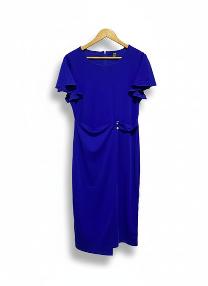 SHEIN |L/XL|BUST 17|ROYAL BLUE RUFFLE-SLEEVE RUCHED SHEATH DRESS