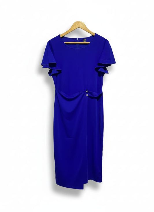 SHEIN |L/XL|BUST 17|ROYAL BLUE RUFFLE-SLEEVE RUCHED SHEATH DRESS