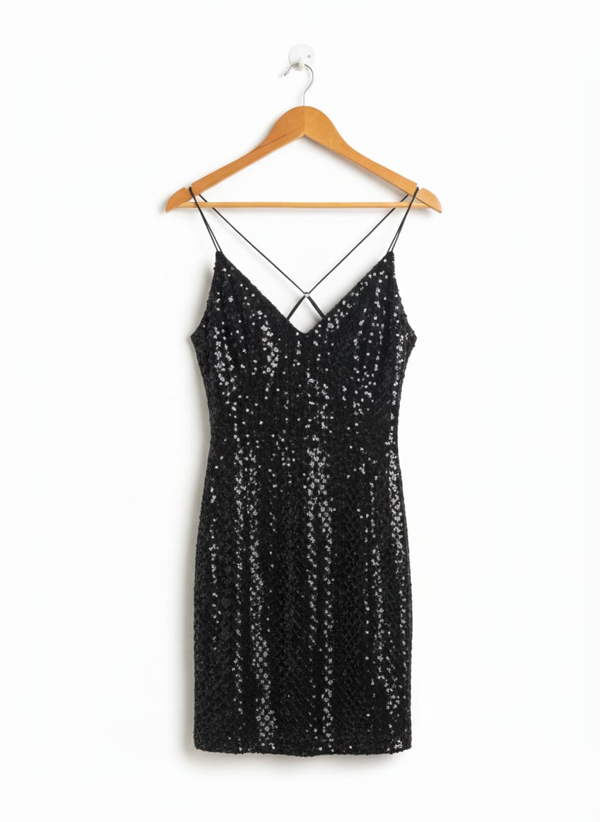 B.SMART|L|BUST 15| BLACK SEQUIN MINI DRESS WITH CRISS-CROSS BACK