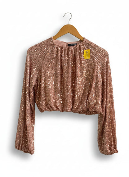 SINCERELY JULES|S|BUST 18|ROSE GOLD SEQUIN LONG SLEEVE CROP TOP