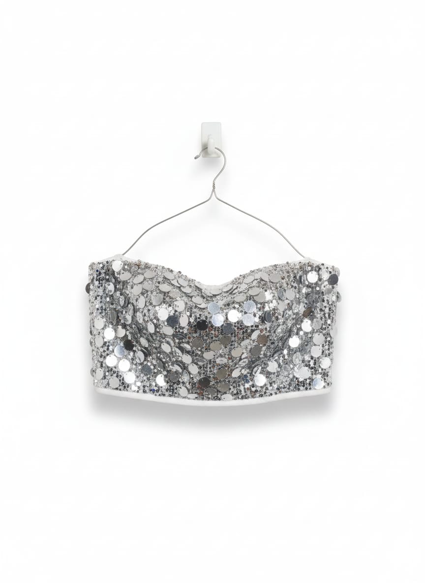 SHEIN|L|BUST 15| SILVER SEQUIN STRAPLESS BUSTIER CROP TOP