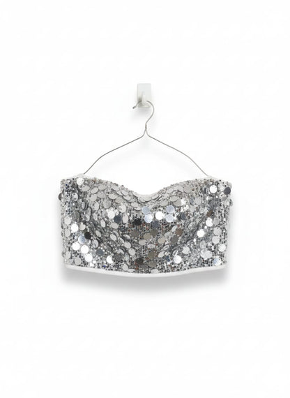 SHEIN|L|BUST 15| SILVER SEQUIN STRAPLESS BUSTIER CROP TOP