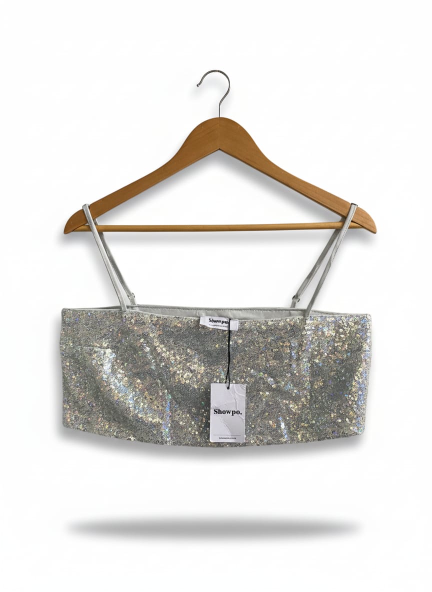 SHOWPO|M|BUST 17|STRAPPY SEQUIN CROP CAMI TOP IN SILVER