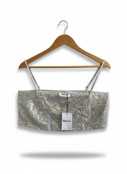SHOWPO|M|BUST 17|STRAPPY SEQUIN CROP CAMI TOP IN SILVER