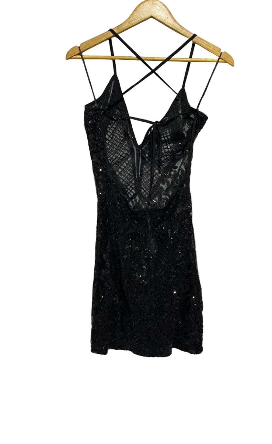 BANJUL|XS/S|BUST 14|BLACK SEQUIN DEEP V-NECK MINI DRESS