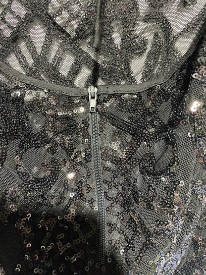 BANJUL|XS/S|BUST 14|BLACK SEQUIN DEEP V-NECK MINI DRESS