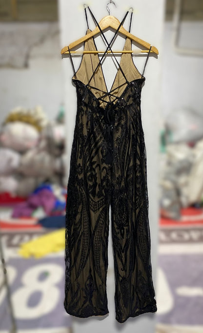 SHEIN|L|BUST 15|Black Sequin and Mesh Wide Leg Halter Neck Jumpsuit