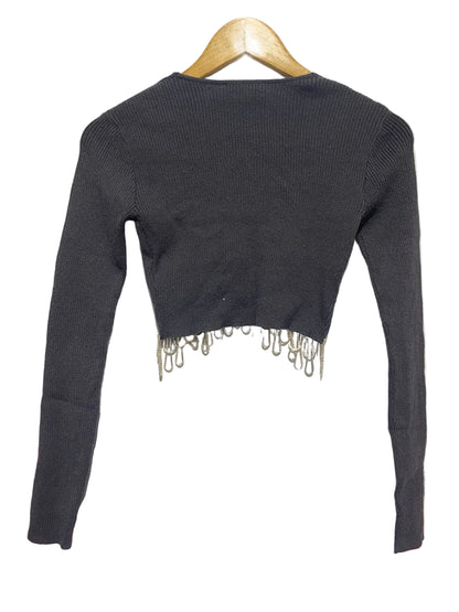 ZARA|S|BUST 12|RHINESTONE TRIM FRINGE V NECK SOFT KNIT LONG SLEEVE CROP TOP