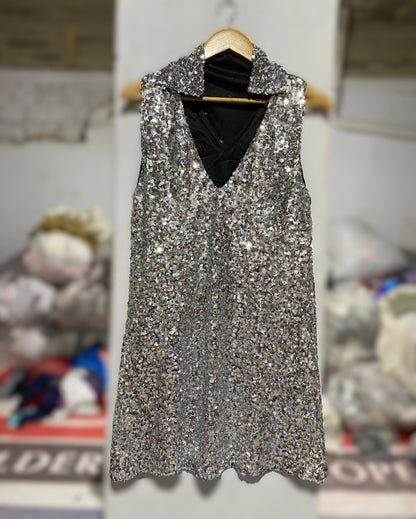 NASTY GAL|XS|BUST 16|Silver Sequin Mock Neck Mini Dress