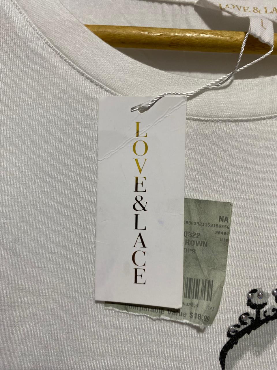 LOVE&LACE|L|BUST 20| Graphic T Shirt Womens Large White Embellished