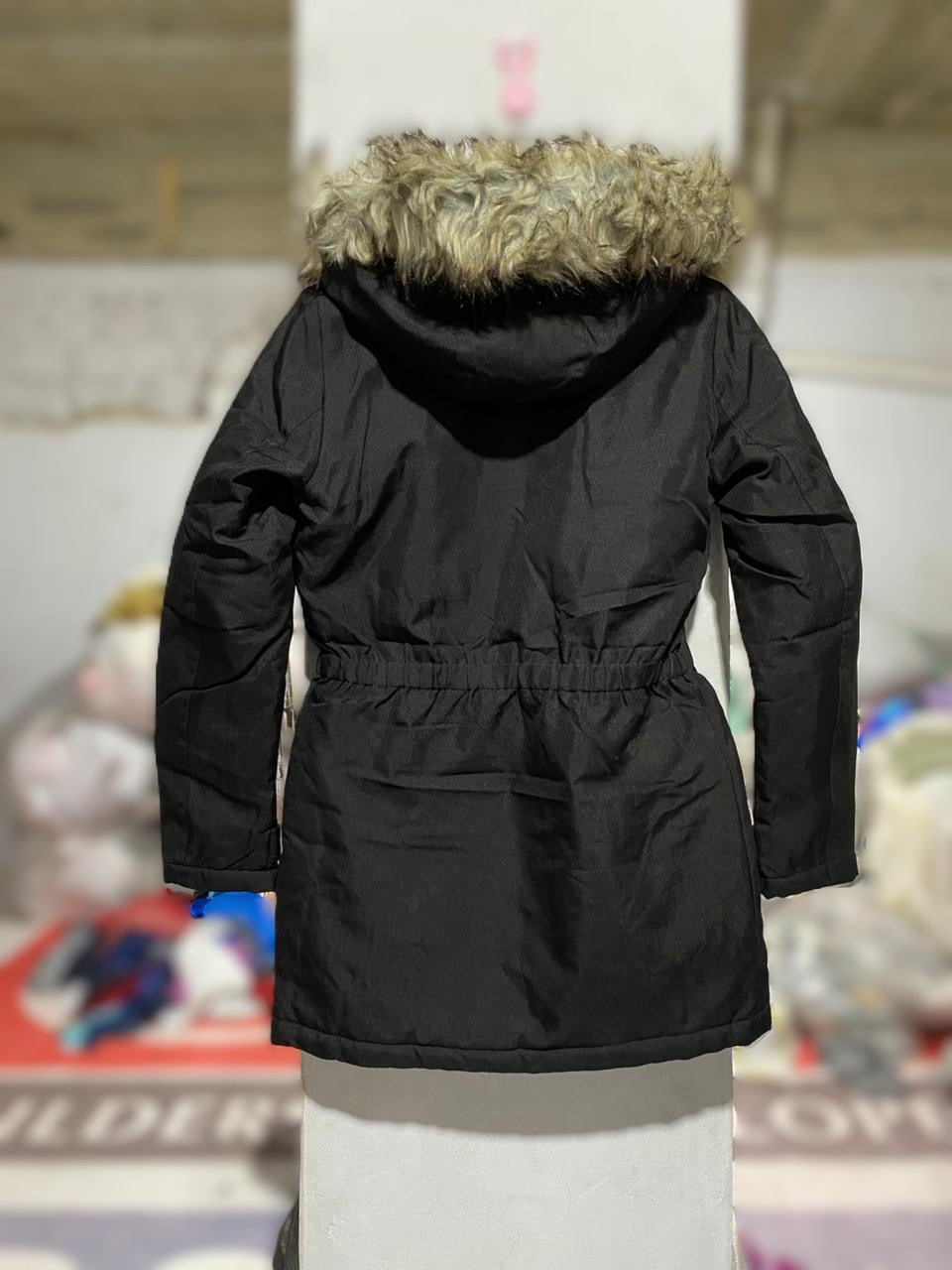 ONLY LIFE|S/M|BUST 19|BLACK PARKA JACKET WITH FAUX-FUR TRIMMED HOOD AND DRAWSTRING WAIST