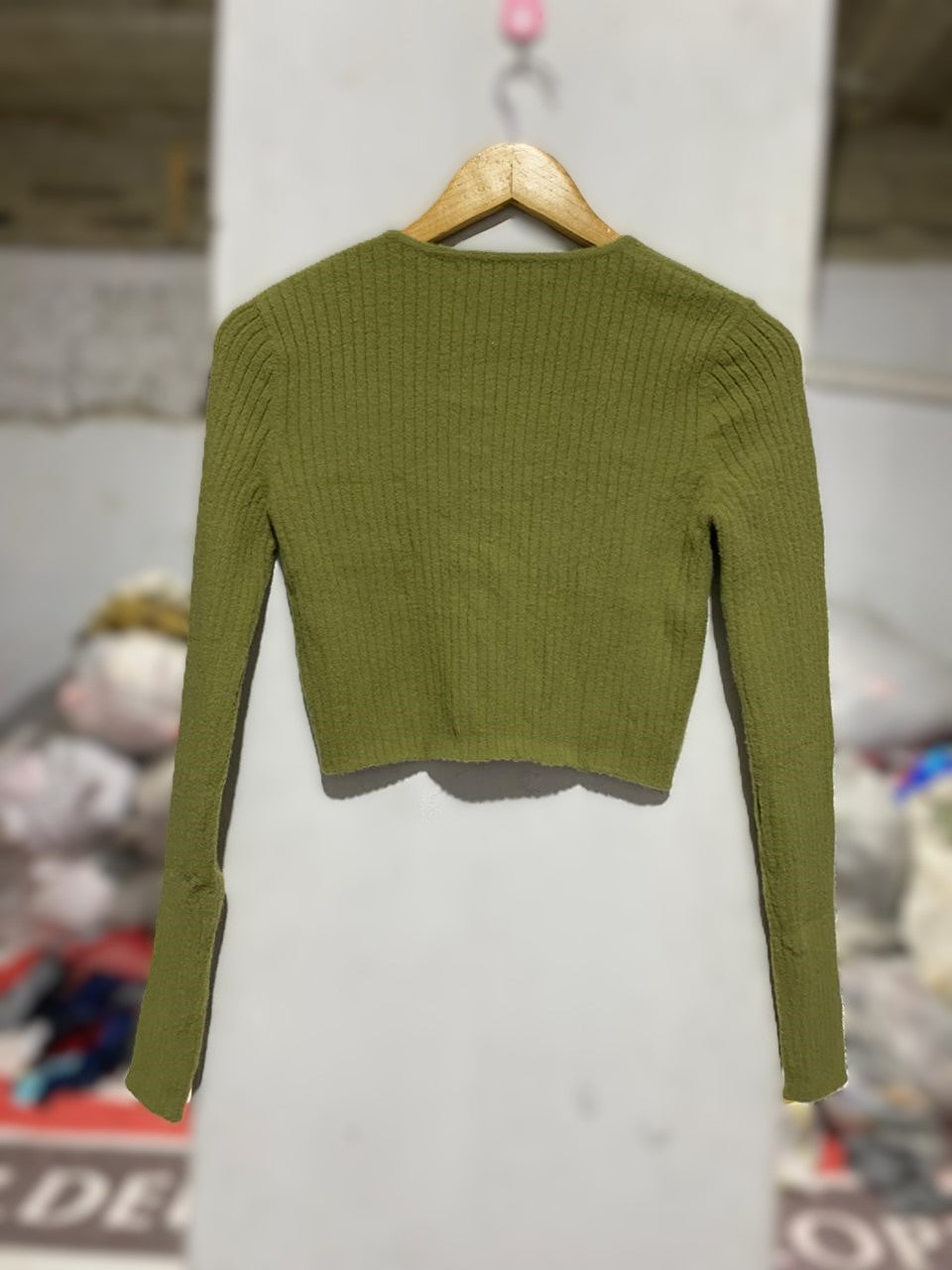 BERSHKA| M |BUST 16| OLIVE GREEN RIBBED CROPPED CARDIGAN