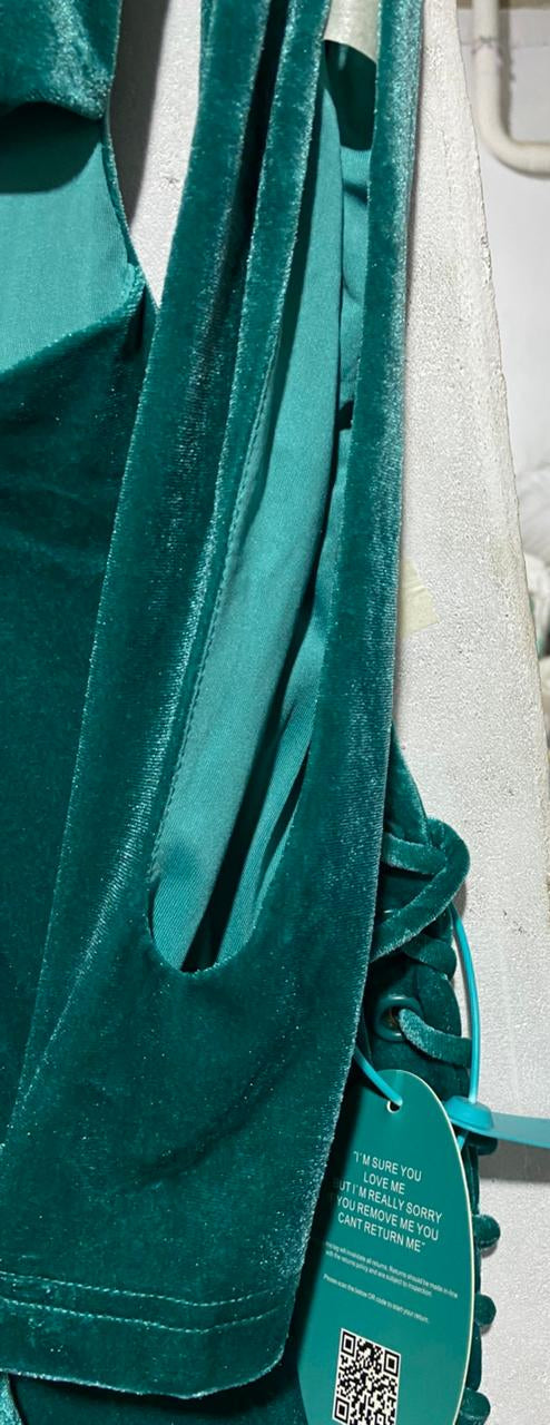 BBX BRAND|XS| BUST 16|C4|EMERALD GREEN VELVET MIDI DRESS WITH CUTOUTS