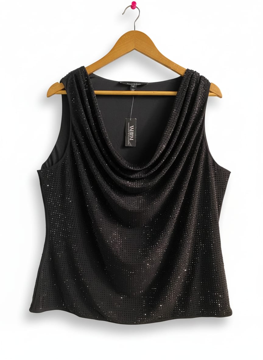 WHITE HOUSE BLACK MARKET|XL|BUST 21|BLACK SEQUIN COWL NECK SLEEVELESS TOP