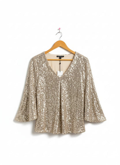 CABLE & GAUGE|M|BUST 19| GOLD SEQUIN V-NECK BELL SLEEVE BLOUSE