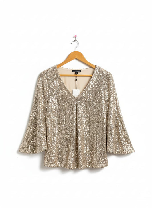 CABLE & GAUGE|M|BUST 19| GOLD SEQUIN V-NECK BELL SLEEVE BLOUSE