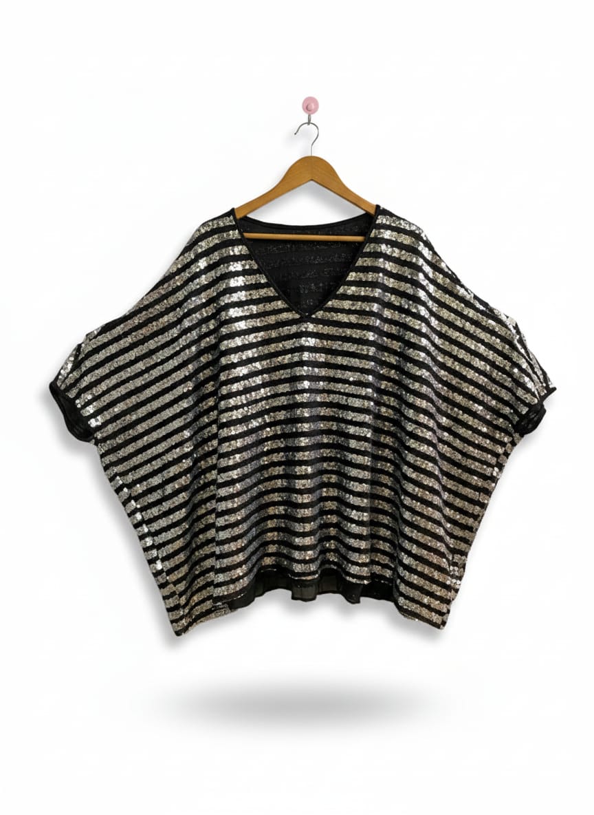 PLUS WEAR|FREE SIZE| BLACK AND SILVER SEQUINED STRIPED KAFTAN TOP