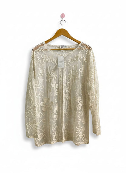 LISA|XL/XXL|BUST 24|Off-White Or Cream Sheer, Long-Sleeved Mesh Blouse