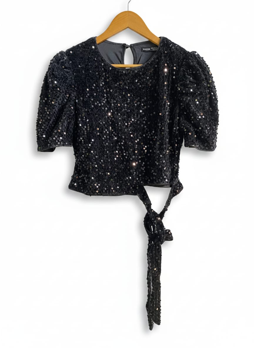 SHEIN|L|BUST 17| Black Sequined Puff-Sleeve Top