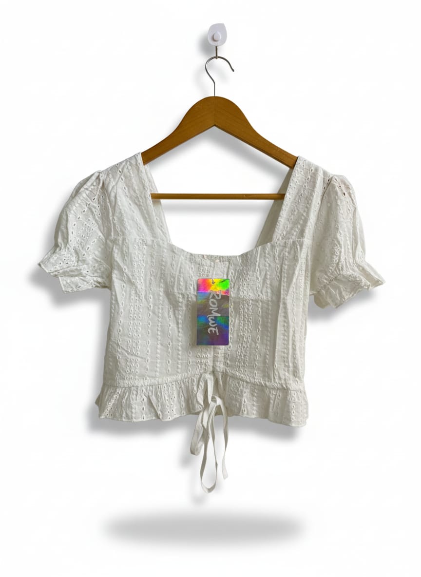 ROWME|S|BUST 13| White Eyelet Lace Drawstring Crop Top