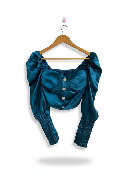 TEAL SATIN PUFF SLEEVE CORSET CROP TOP|S|BUST 12
