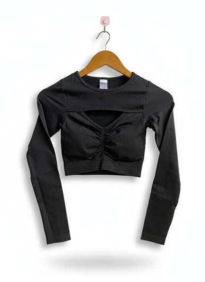 ANKO ACTIVE |S|BUST 11| BLACK LONG SLEEVED KEYHOLE CROP TOP