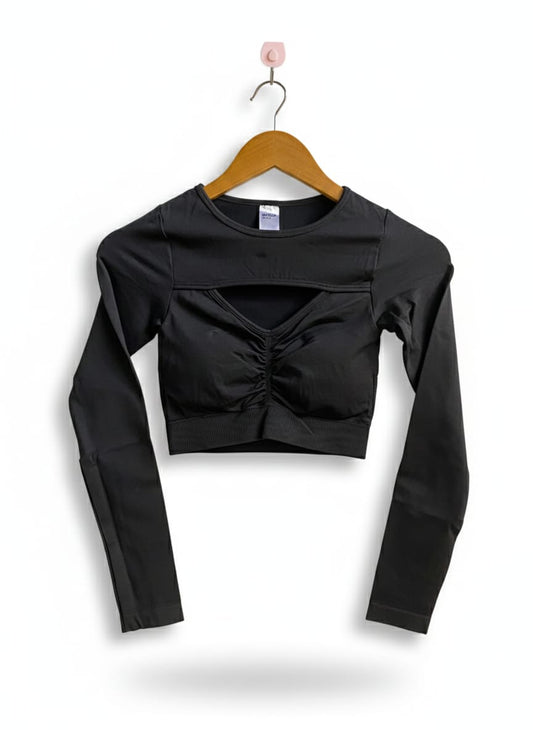 ANKO ACTIVE |S|BUST 11| BLACK LONG SLEEVED KEYHOLE CROP TOP