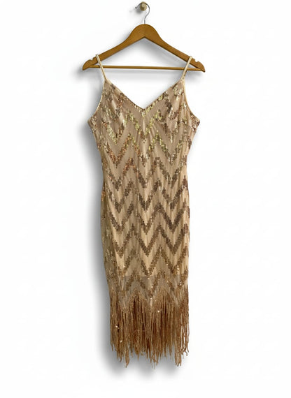 SHEIN|M|BUST 16| BEIGE OR CHAMPAGNE SEQUINED FRINGE MIDI DRESS