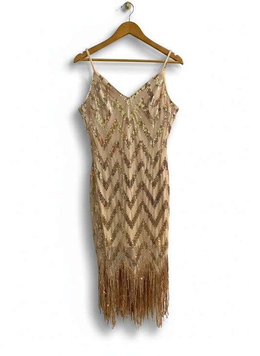 SHEIN|M|BUST 16| BEIGE OR CHAMPAGNE SEQUINED FRINGE MIDI DRESS