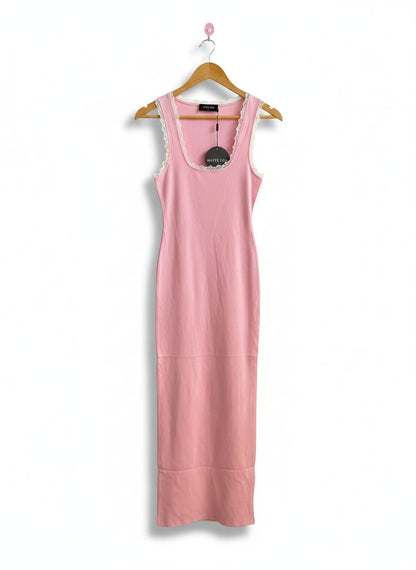 WHITE FOX|M|BUST 13|PINK RIBBED TANK MIDI DRESS WITH WHITE LACE TRIM