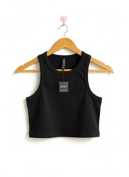COTTON ON BODY|S|BUST 13| BLACK RIBBED RACERBACK CROP TOP