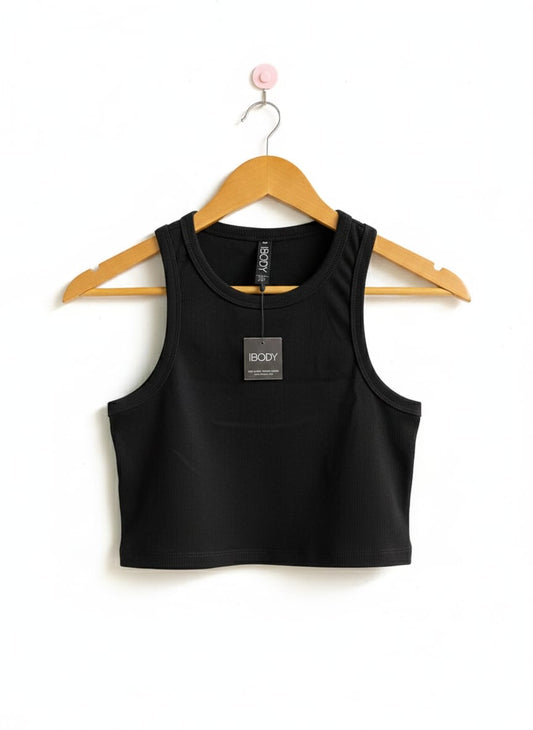 COTTON ON BODY|S|BUST 13| BLACK RIBBED RACERBACK CROP TOP