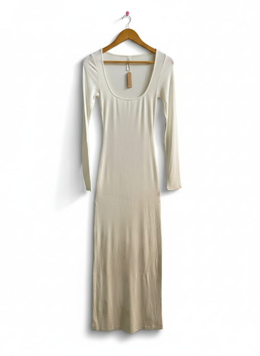 SKINS|S|BUST 12| CREAM OR OFF-WHITE LONG-SLEEVED MIDI DRESS