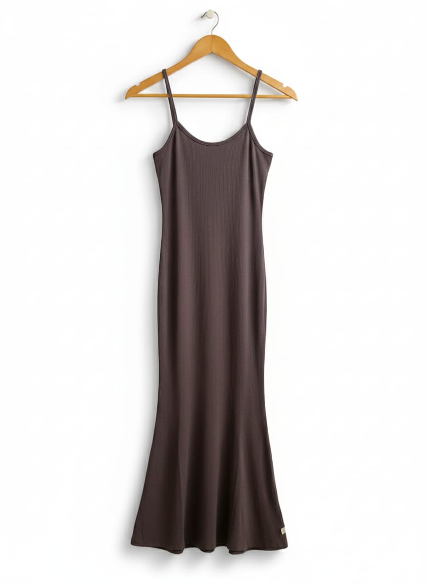 BROWN RIBBED MODAL MAXI SLIP DRESS |S|BUST 13
