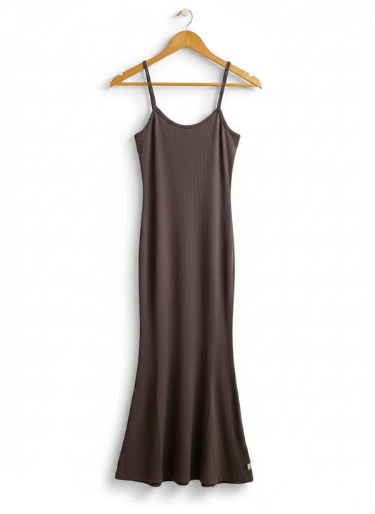 BROWN RIBBED MODAL MAXI SLIP DRESS |S|BUST 13