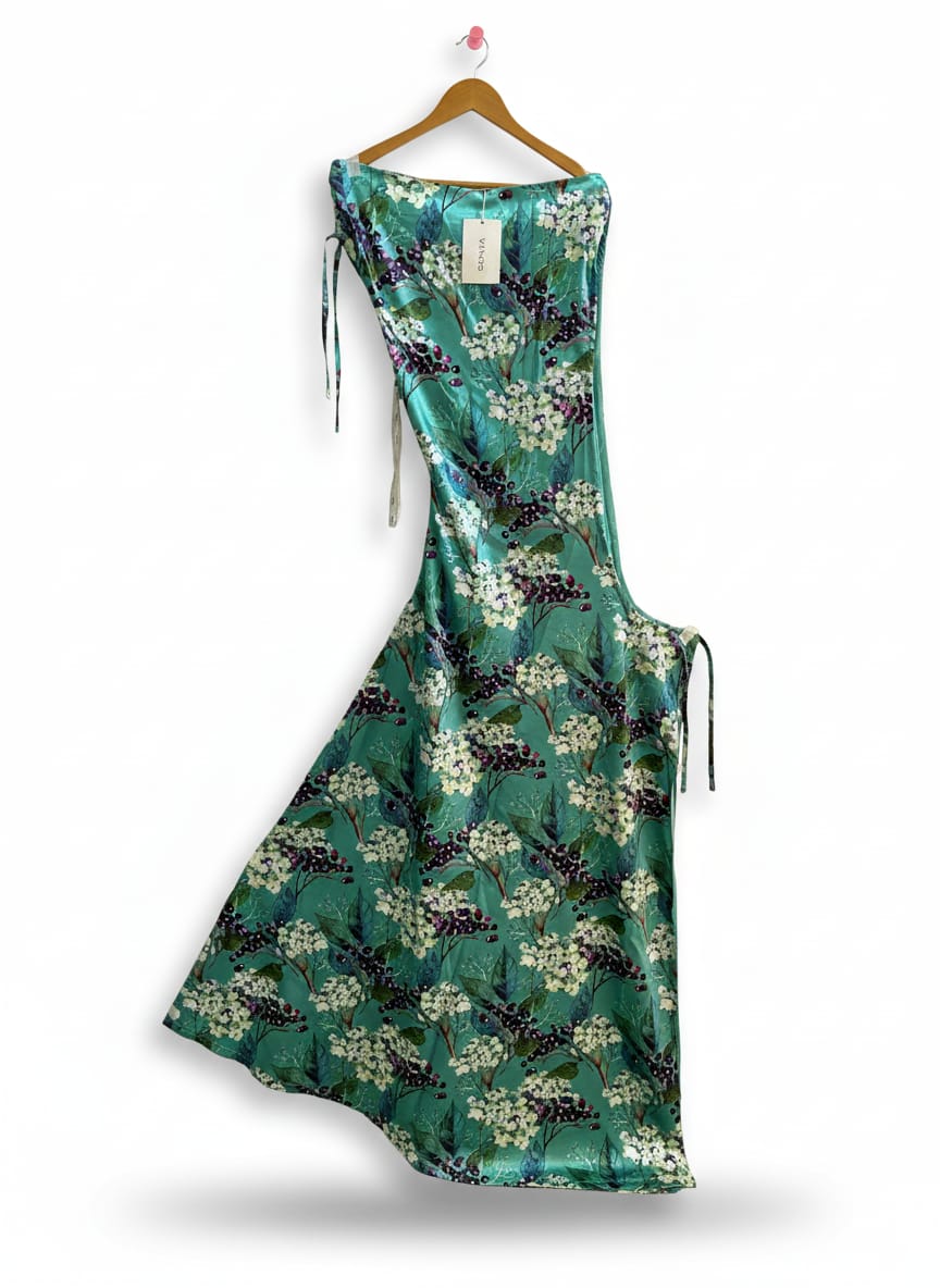 SONYA|M|BUST 14|TEAL FLORAL PRINT ASYMMETRICAL MIDI SLIP DRESS