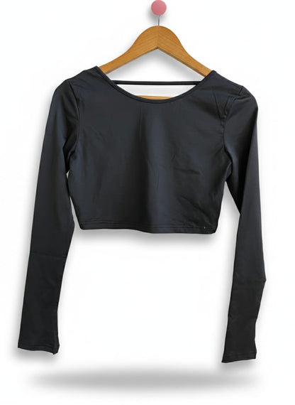 SHEIN|S|BUST 16|BLACK LONG SLEEVE CROPPED ATHLETIC TOP