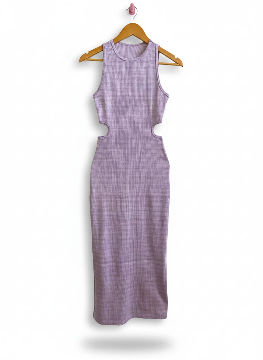 LILAC RIBBED SIDE CUTOUT MIDI DRESS|S|BUST 13