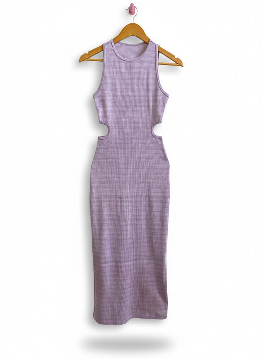 LILAC RIBBED SIDE CUTOUT MIDI DRESS|S|BUST 13