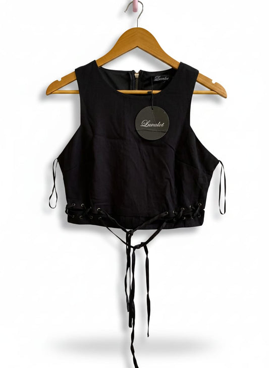 LUVALOT|M|BUST 17|BLACK SLEEVELESS CROP TOP WITH LACE-UP SIDES