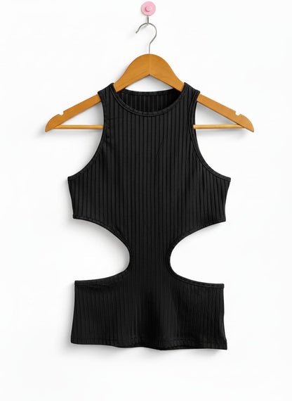 SHEIN |S|BUST 14|BLACK RIBBED CUTOUT TANK TOP