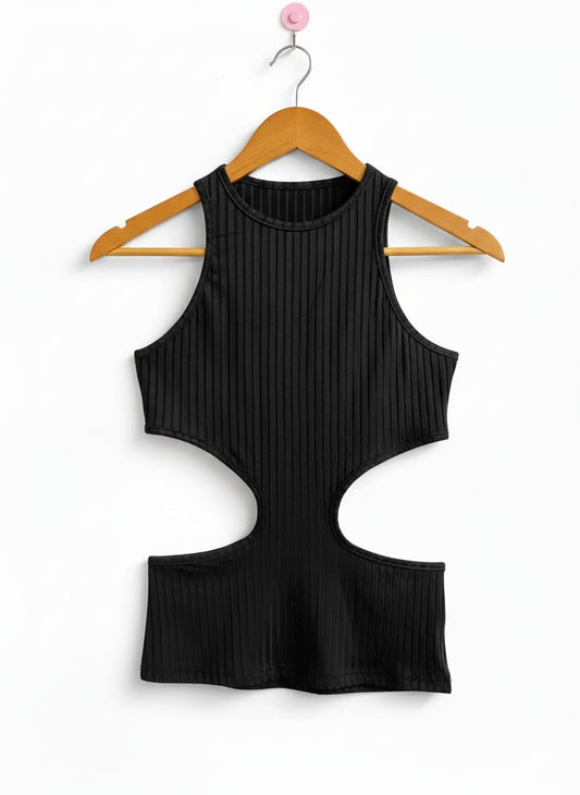 SHEIN |S|BUST 14|BLACK RIBBED CUTOUT TANK TOP