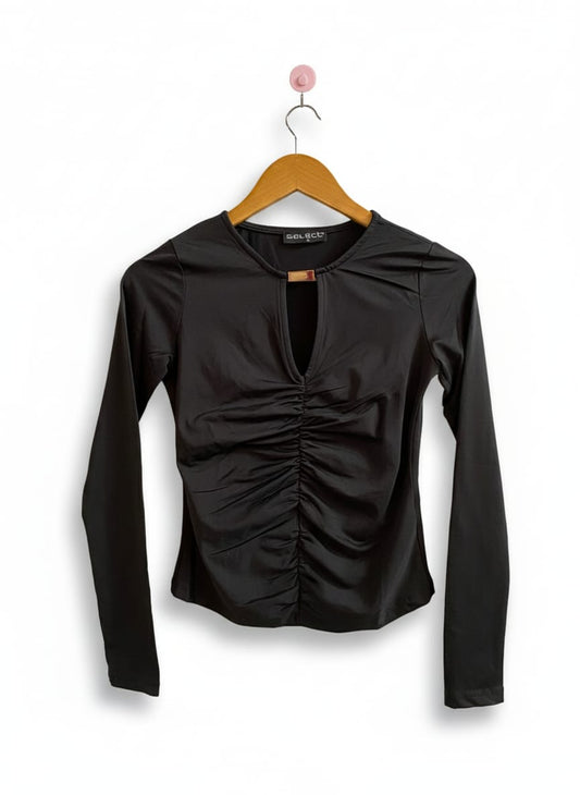 SELECT |S |BUST 14|BLACK RUCHED KEYHOLE LONG SLEEVE TOP