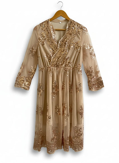NUDE OR LIGHT GOLD SEQUIN MESH V-NECK MIDI DRESS|L|BUST 17