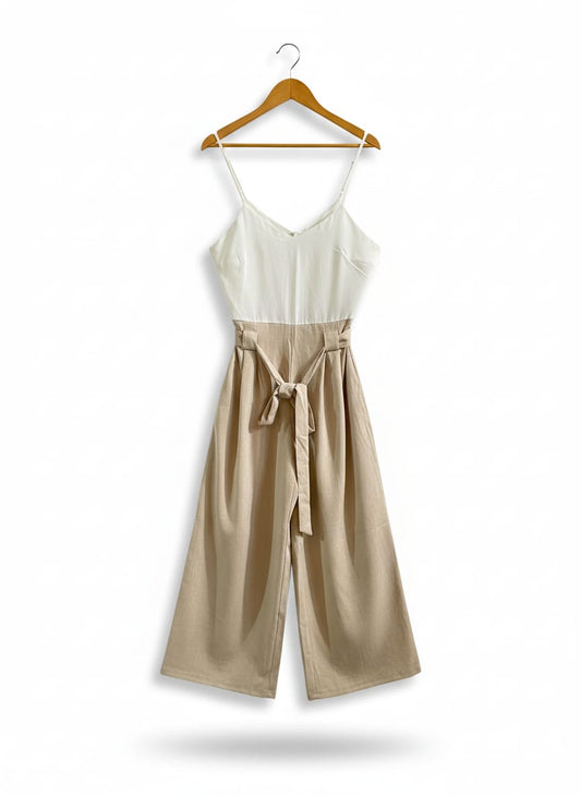 WHITE TOP BEIGE WIDE LEG JUMPSUIT| M |BUST 18