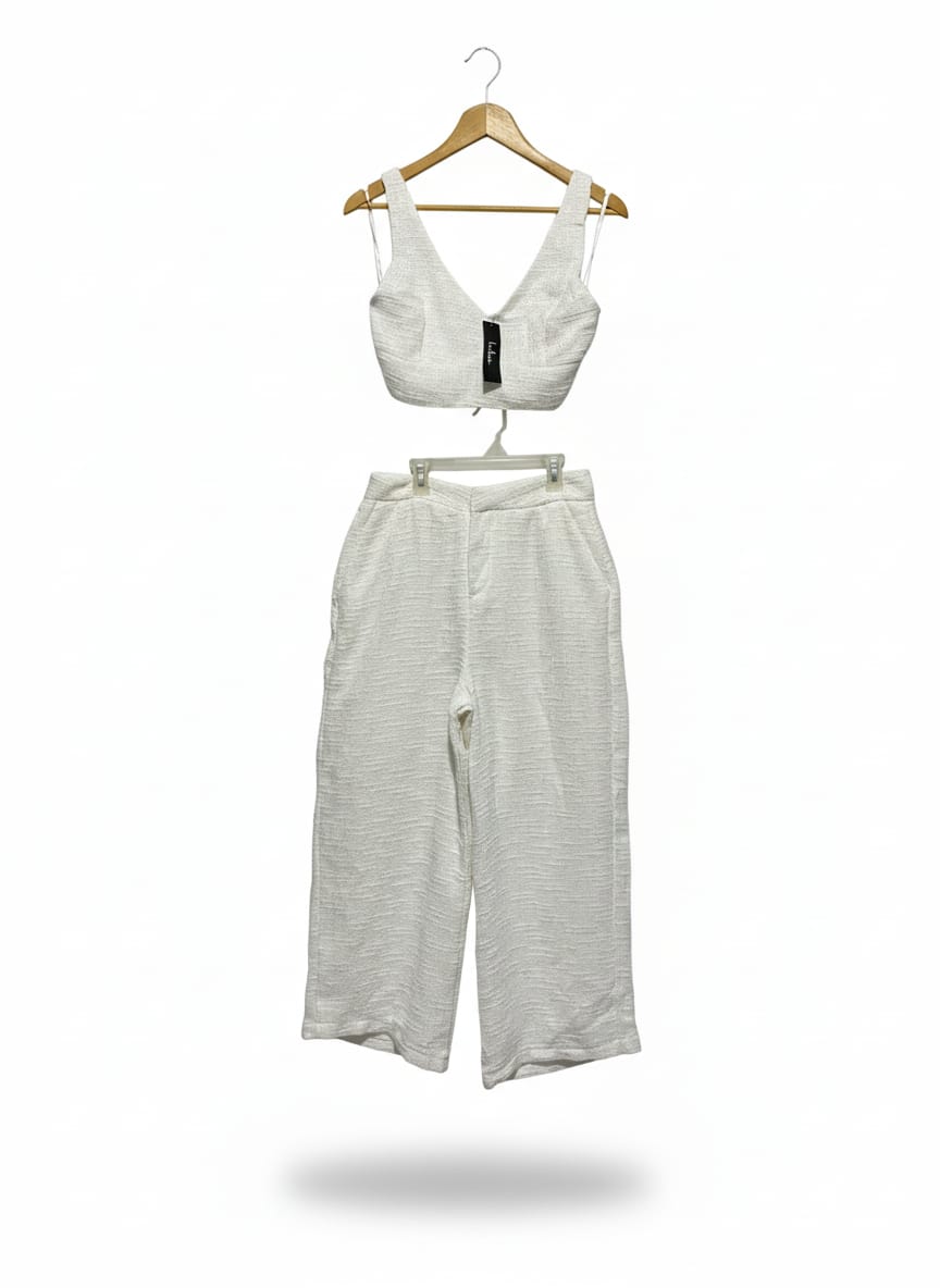 LULUS| M | WHITE TEXTURED CROP TOP AND WIDE LEG PANTS SET